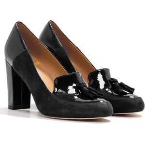 Chunky Block High Heel Fringed Pumps Round Toe, Slip On Loafers Tassel Suede